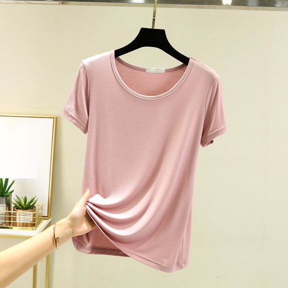 Fengqque Women's Summer Solid Color Short Sleeve Round Neck Loose Casual Pullover T-shirt Top Pink L(L)