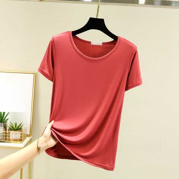 Fengqque Women's Summer Solid Color Short Sleeve Round Neck Loose Casual Pullover T-shirt Top Red L(L)