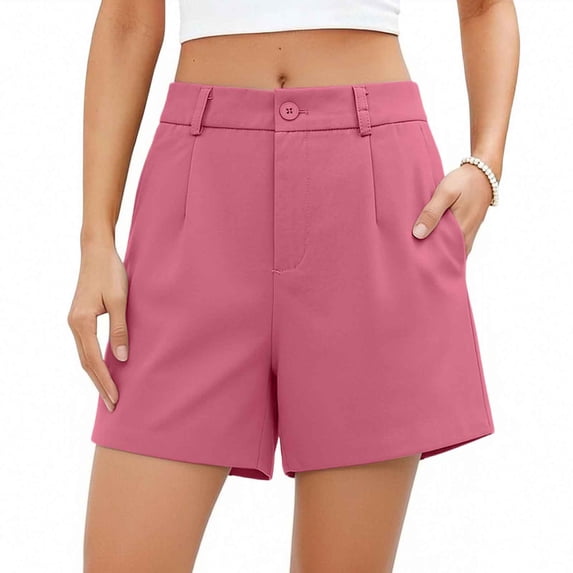 Fengqque Women's Summer Suit Shorts Elastic Waist Button Wide Leg Shorts Elagant Work Trouser Shorts Hot Pink XXXXL