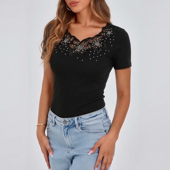 Fengqque Women's Summer Tees Short Sleeve Shirts Rhinestone Lace V Neck Tops Slim Fit T Shirts Black XXL(XXL)