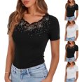 thumbnail image 1 of Fengqque Women's Summer Tees Short Sleeve Shirts Rhinestone Lace V Neck Tops Slim Fit T Shirts White XL(XL), 1 of 6