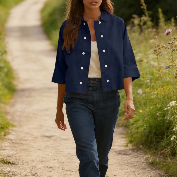 Fengqque Women's Summer Three-quarters Sleeve Lapel Double-breasted Shirts Casual Solid Color Top Cardigans Navy S(S)