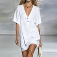 thumbnail image 1 of Fengqque Women's T Shirt Button V Neck Dress Mini Sundresses Summer Plus Size Short Sleeve Dresses White XL(XL), 1 of 1