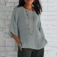 thumbnail image 1 of Fengqque Women's Three Quarter Sleeve Round Neck Linen-cotton Loose Fitting Shirt Casual Daily Solid Color Top Gray L(L), 1 of 6