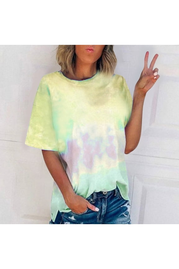 Women's Tops Summer Short Sleeve Crew Neck Gradient Shirts Dressy Casual Blouses for Women Yellow XXXXL(XXXXL)