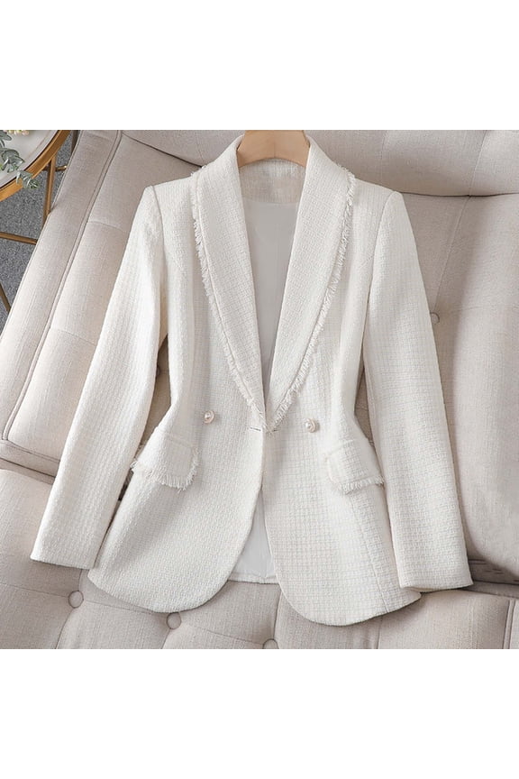 Women's Tweed Blazer Jacket Warm Fashion Business Casual Elegant Long Sleeved V-neck Coat with Pockets White S(S)