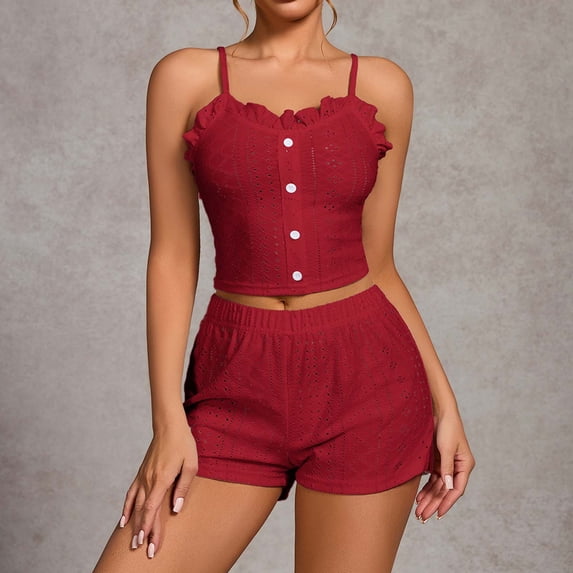 Fengqque Women's Two Piece Set of Pajamas Ruffled Spaghetti Strap Crop Top and Elastic Waist Shorts Set Red XL(XL)
