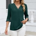 thumbnail image 1 of Fengqque Women's V Neck 3/4 Bell Sleeve Tops Solid Lace Splicing Loose Blouses Shirts Summer T Shirts Green S(S), 1 of 9