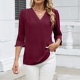 thumbnail image 1 of Fengqque Women's V Neck 3/4 Bell Sleeve Tops Solid Lace Splicing Loose Blouses Shirts Summer T Shirts Wine M(M), 1 of 9