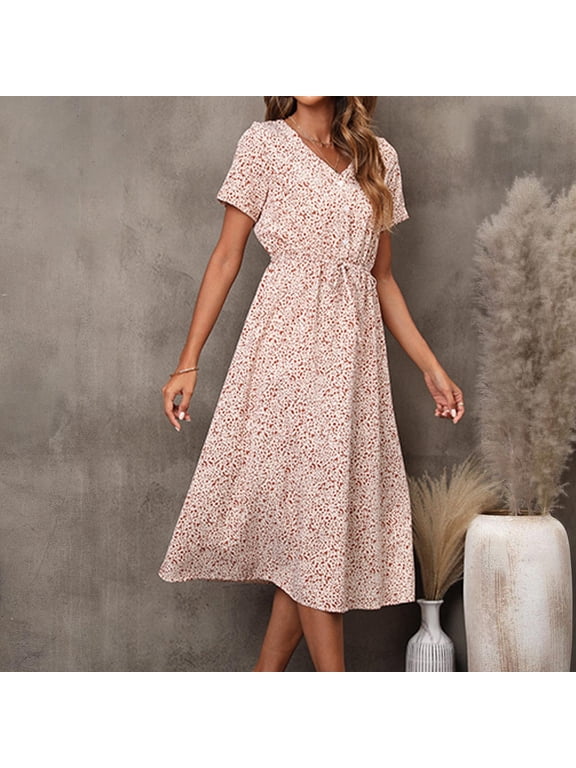 Women's V-Neck Midi Dress Floral Print Short Sleeve V-neck Drawstring Waist Midi Dress Beige-C 04(M)