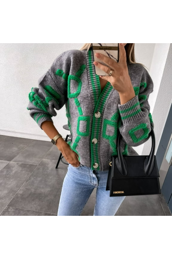 Women's V-Neck Sweater Cardigan Loose Letter Pattern Long Sleeve Sweater Tops