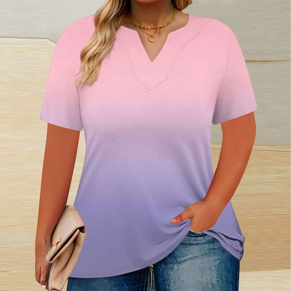Fengqque Women's V-neck Short Sleeve Waist-cinching Gradient Color Loose T-shirt Top Fashion Casual Pullover Pink L(L)