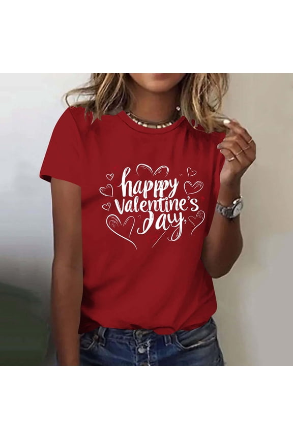 Women's Valentine's Day Gift Short Sleeve Round Neck Letter Heart Print Casual Slim Fit T-shirt Top Red-D L(L)