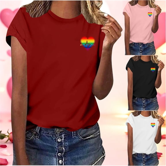 Fengqque Women's Valentine's Day Gift Short Sleeve Round Neck Loose Fitting Casual Colorful Heart Print Pullover White XL(XL)