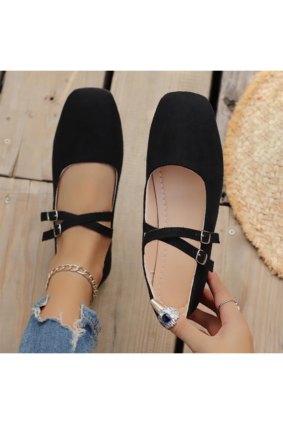Women's Wide Toe Box Flats Shoes suede Mary Jane Ballet Flats Walking Dressy Slip-on Shoes with Strap Black 5.5(36)