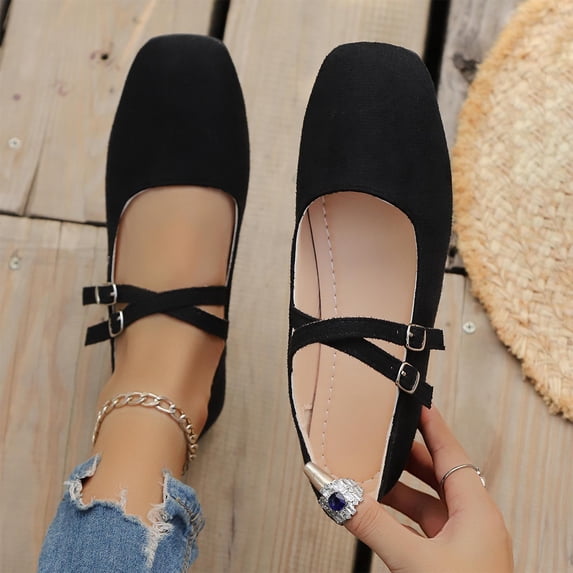 Fengqque Women's Wide Toe Box Flats Shoes suede Mary Jane Ballet Flats Walking Dressy Slip-on Shoes with Strap Black 7(39)
