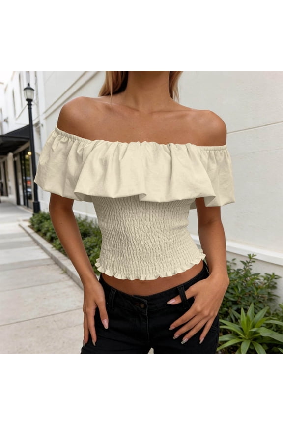 Women's off-Shoulder Ruffled Smocked Crop Top Breathable Slim Fit Summer Beach Blouse Beige L(L)