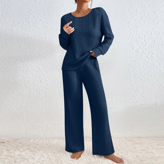 Fengqque Womens 2 Piece Outfits Long Sleeve Crewneck Lounge Sets Wide Leg Pants Tracksuits Loose Fit Pajama Set Dark Blue 6(M)