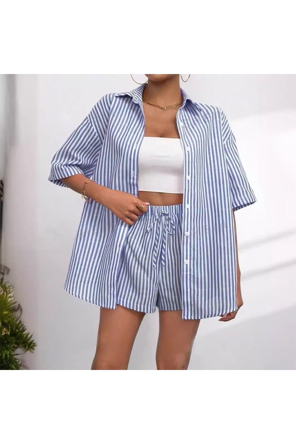 Womens 2 Piece Outfits Striped Short Sleeve Button Down Collared Shirt Matching Drawstring Shorts Sets Blue L(L)
