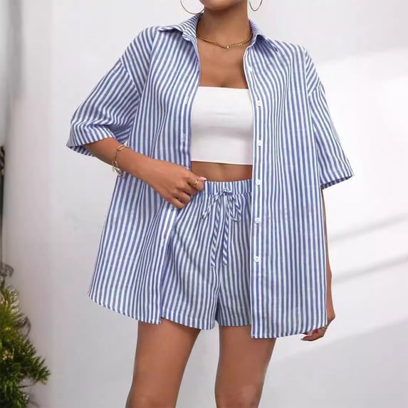Fengqque Womens 2 Piece Outfits Striped Short Sleeve Button Down Collared Shirt Matching Drawstring Shorts Sets Blue S(S)