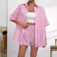 thumbnail image 1 of Fengqque Womens 2 Piece Outfits Striped Short Sleeve Button Down Collared Shirt Matching Drawstring Shorts Sets Pink S(S), 1 of 7