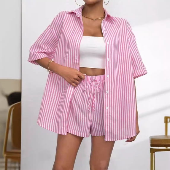 Fengqque Womens 2 Piece Outfits Striped Short Sleeve Button Down Collared Shirt Matching Drawstring Shorts Sets Pink S(S)