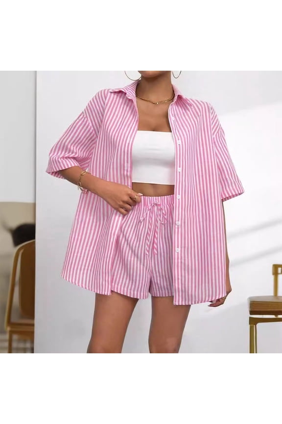Womens 2 Piece Outfits Striped Short Sleeve Button Down Collared Shirt Matching Drawstring Shorts Sets Pink S(S)