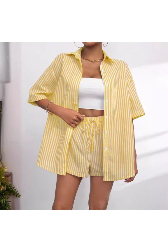 Womens 2 Piece Outfits Striped Short Sleeve Button Down Collared Shirt Matching Drawstring Shorts Sets Yellow S(S)