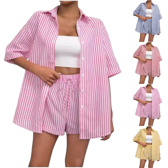 Fengqque Womens 2 Piece Outfits Striped Short Sleeve Button Down Collared Shirt Matching Drawstring Shorts Sets Yellow XL(XL)