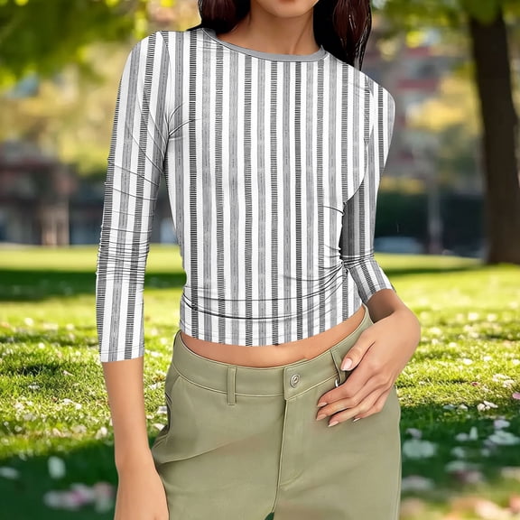 Fengqque Womens 3/4 Length Sleeve Round Neck Tops Slim Fit Casual Basic Tees Womens Summer Tops Gray-F M(M)