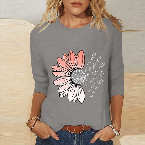Fengqque Womens 3/4 Sleeve Tops Oversized Round Neck Loose Fit Blouses Print Waist-cinching T Shirts for Women Gray XXXL(XXXL)