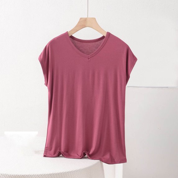 Fengqque Womens Basic T Shirts Summer Tops Modal Tshirts for Women V Neck Short Sleeve Casual Basic Loose Tops Women's Tops Red XXXXL(XXXXL)