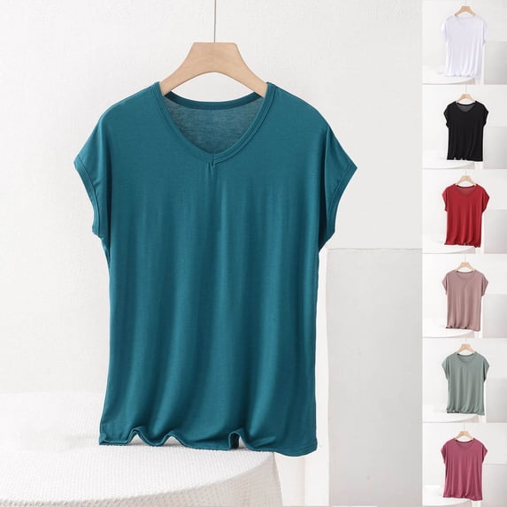 Fengqque Womens Basic T Shirts Summer Tops Modal Tshirts for Women V Neck Short Sleeve Casual Basic Loose Tops Women's Tops White XL(XL)