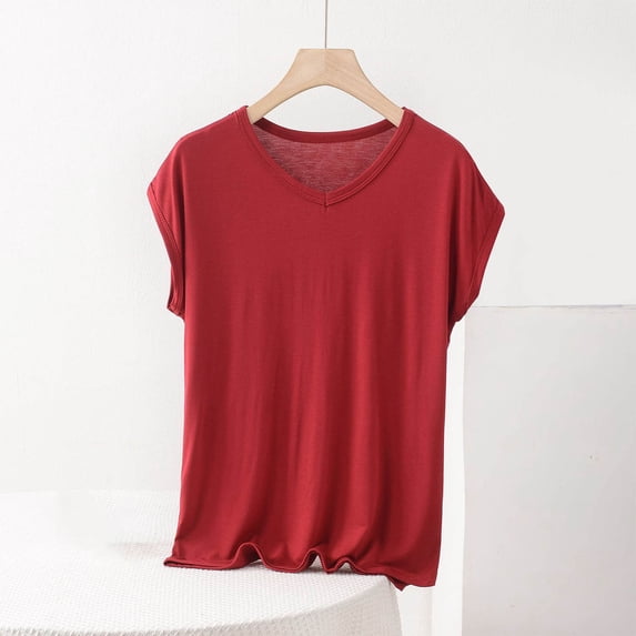 Fengqque Womens Basic T Shirts Summer Tops Modal Tshirts for Women V Neck Short Sleeve Casual Basic Loose Tops Women's Tops Wine XXXXXL(XXXXXL)