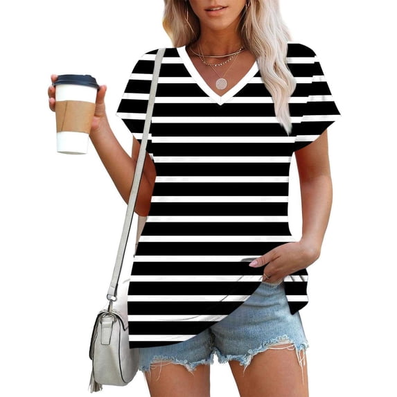 Fengqque Womens Basic T Shirts Summer Tops V Neck Short Sleeve Striped Print Casual Shirts Tee Trendy Basics V Neck Tshirt Women's Tops Black XXL(XXL)