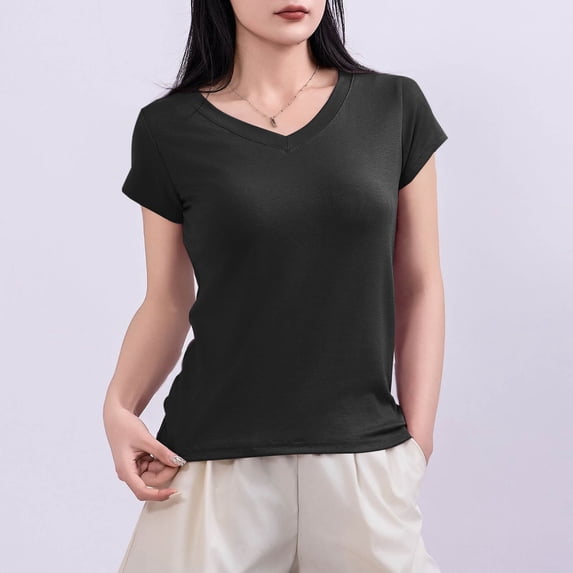 Fengqque Womens Basic T Shirts Summer Tops,Womens V Neck Tees Casual Summer Solid T Shirts Short Sleeve Tops Women's Tops Black L(L)