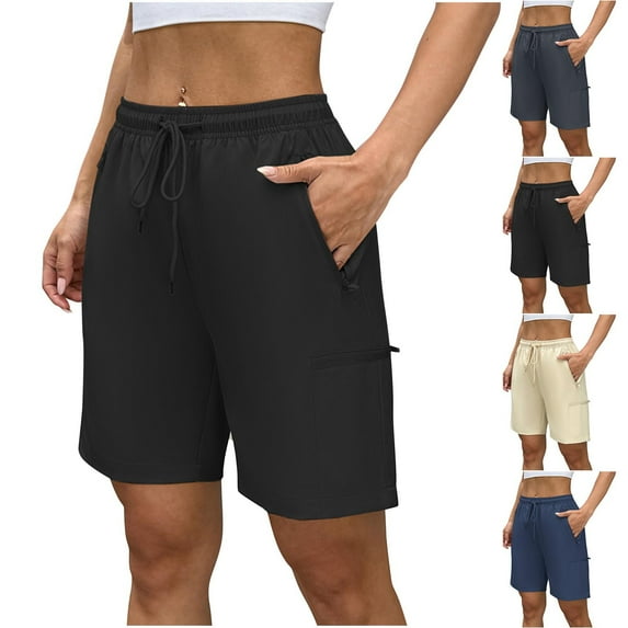 Fengqque Womens Bermuda Shorts Athletic Elastic Drawstring Running Yoga Shorts with Pockets Navy XL(XL)