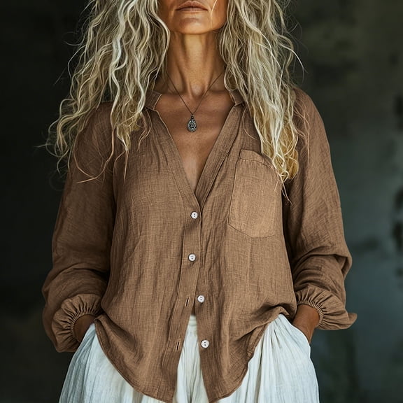 Fengqque Womens Button Down Shirts Long Sleeve Button Up Shirt Linen-cotton V Neck Casual Loose Tops Blouses Brown S(S)