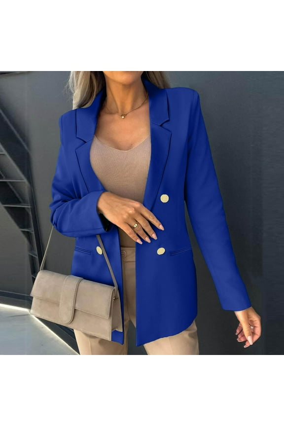 Womens Casual Blazer Jacket Gold Button Long Sleeve Work 0ffice Blazer Lapel Open Front Jacket Blue 10(XL)