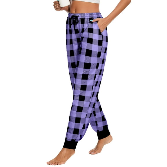 Fengqque Womens Casual Checkered Pants Elastic Drawstring Waist Comfy Loose Legged pants with Pockets Purple 8(L)
