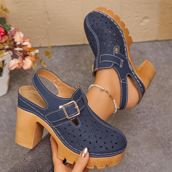 Fengqque Womens Chunky Heel Closed Round-toe Heeled Tie Clogs Casual Backless Lug Sole Loafers Shoes Navy 5.5(36)