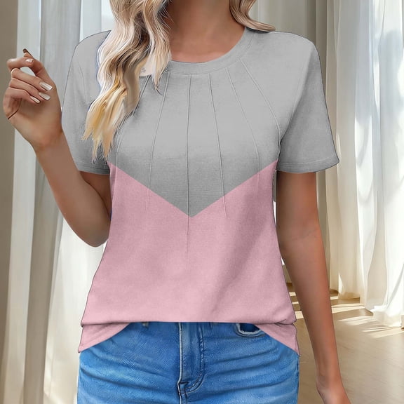 Fengqque Womens Color Blocking Short Sleeve Wrinkle Crewneck Pullover T Shirts Fashion Spring Summer Waist-Cinching Shirts Pink-K XL(XL)