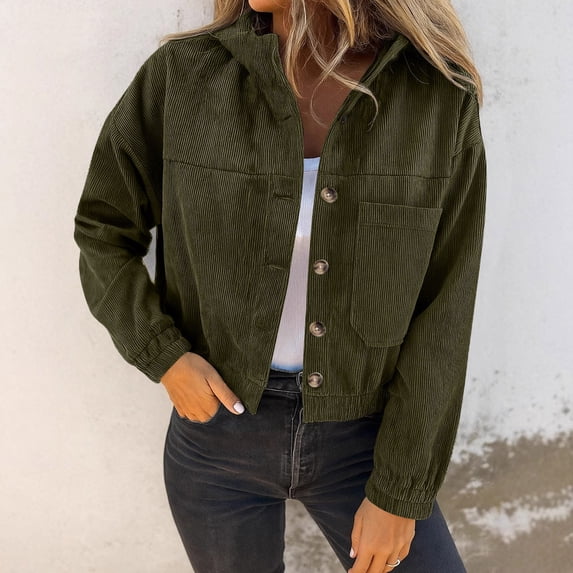 Fengqque Womens Corduroy Long Sleeved Stand Collar Button Loose and Comfortable Cardigan Jacket Green S(S)