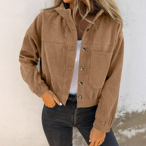 Fengqque Womens Corduroy Long Sleeved Stand Collar Button Loose and Comfortable Cardigan Jacket Khaki XXL(XXL)