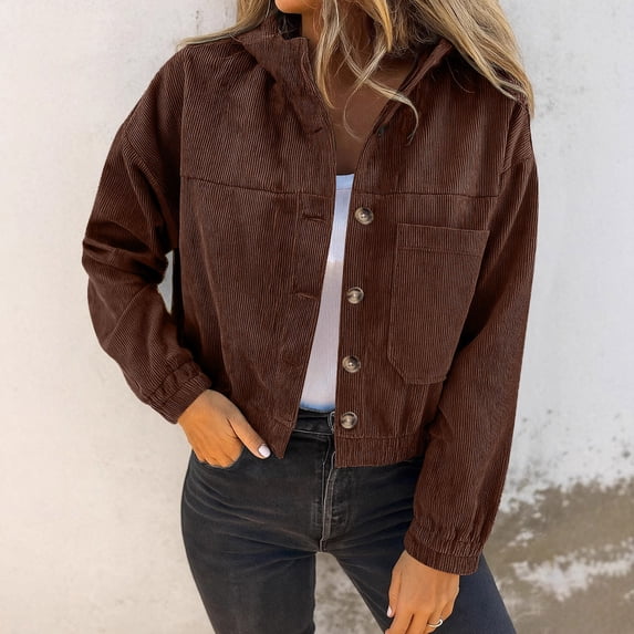Fengqque Womens Corduroy Long Sleeved Stand Collar Button Loose and Comfortable Cardigan Jacket Wine XL(XL)