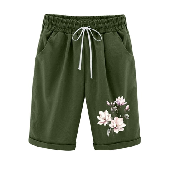 Fengqque Womens Cuffed Shorts Summer High Waist Drawstring Printing Straight Shorts with Pockets Army Green M(M)