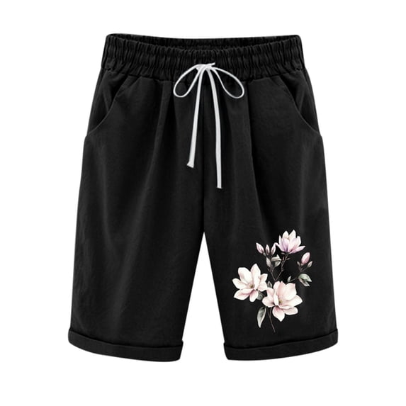 Fengqque Womens Cuffed Shorts Summer High Waist Drawstring Printing Straight Shorts with Pockets Black L(L)