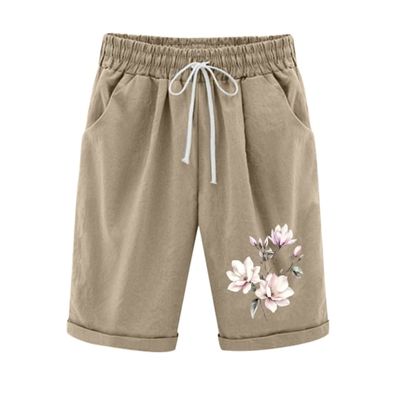 Fengqque Womens Cuffed Shorts Summer High Waist Drawstring Printing Straight Shorts with Pockets Khaki XL(XL)