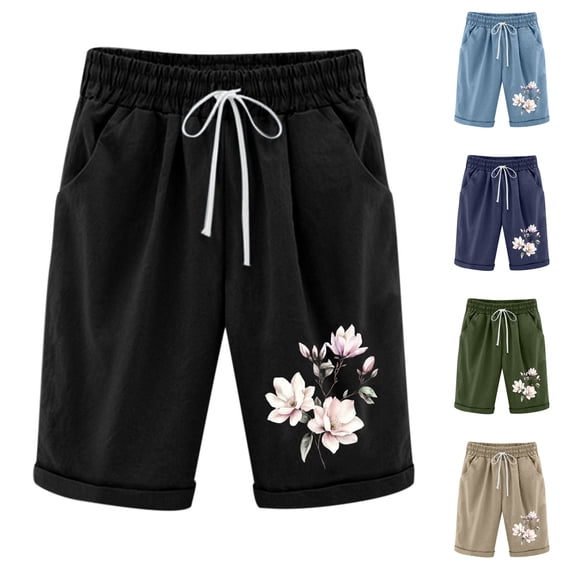 Fengqque Womens Cuffed Shorts Summer High Waist Drawstring Printing Straight Shorts with Pockets Navy XL(XL)