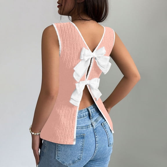 Fengqque Womens Double Bow Tie Back Tops Slim Fit Sleeveless Elastic Backless Shirts Fashionable Casual Top Pink M(M)